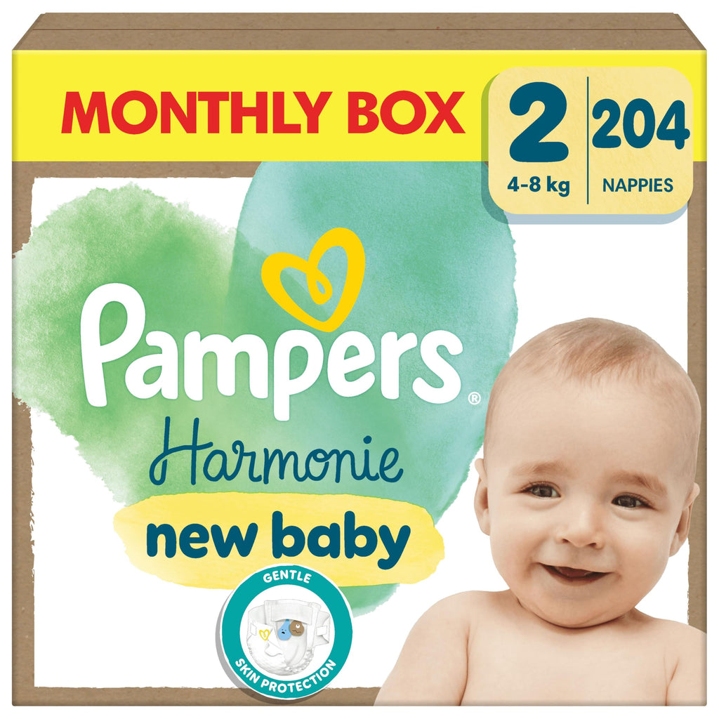 Pampers Harmonie Nappies Size 1 (2-5kg) - 180 Nappies Monthly Pack - Gentle Skin Protection - Damaged Box