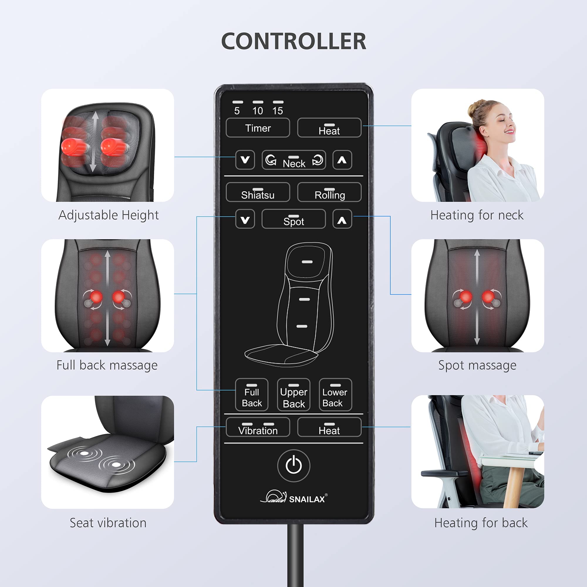 Snailax Back Massager with Heat - Shiatsu Full Body Deep Kneading Rolling Massage Chair Pad - Neck Back Seat with Height Adjustment - Very Good
