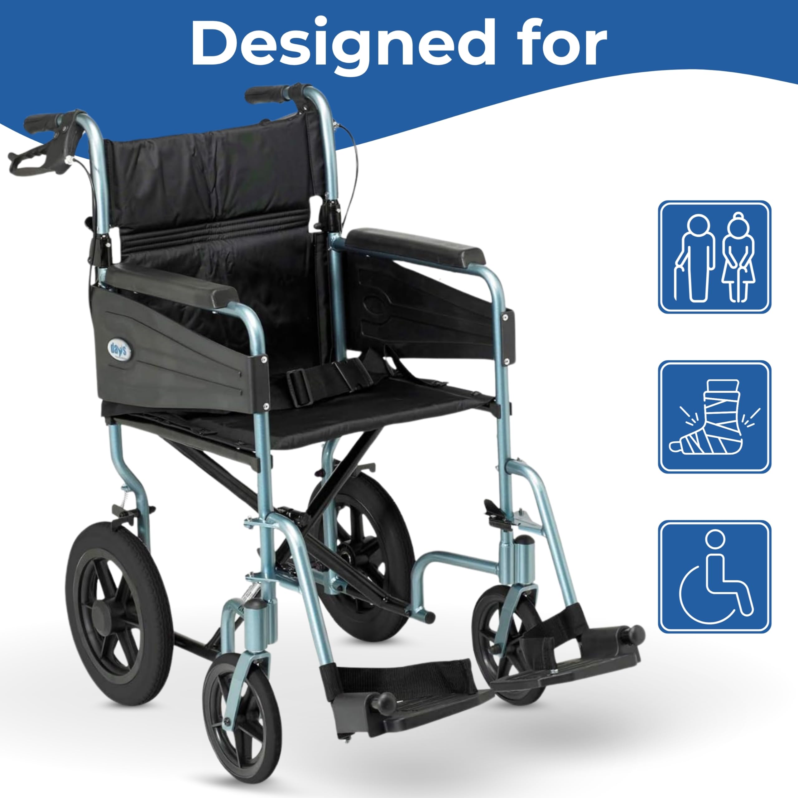 Days Lightweight Folding Wheelchair - 51cm Wide Seat, Blue - Attendant Propelled, Padded, Adjustable Footrests Mobility Aid - Very Good