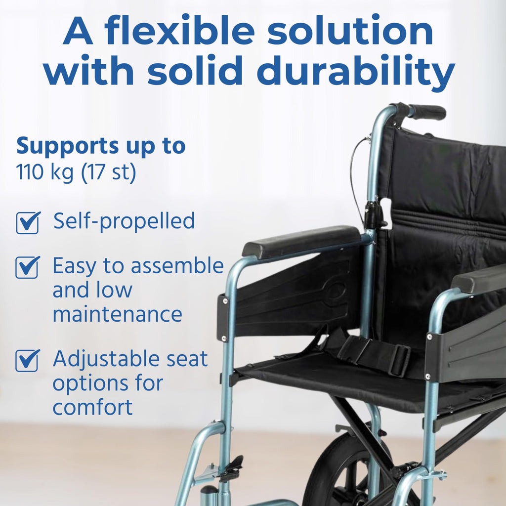 Days Lightweight Folding Wheelchair - 51cm Wide Seat, Blue - Attendant Propelled, Padded, Adjustable Footrests Mobility Aid - Very Good