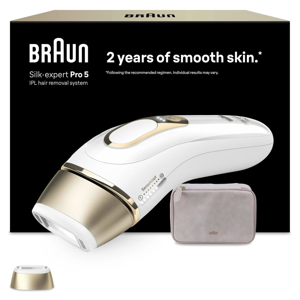 Braun IPL Silk-Expert Pro 5 PL5138 – At Home Hair Removal System – White/Gold – Precision Head, Venus Razor, Pouch - Damaged Box