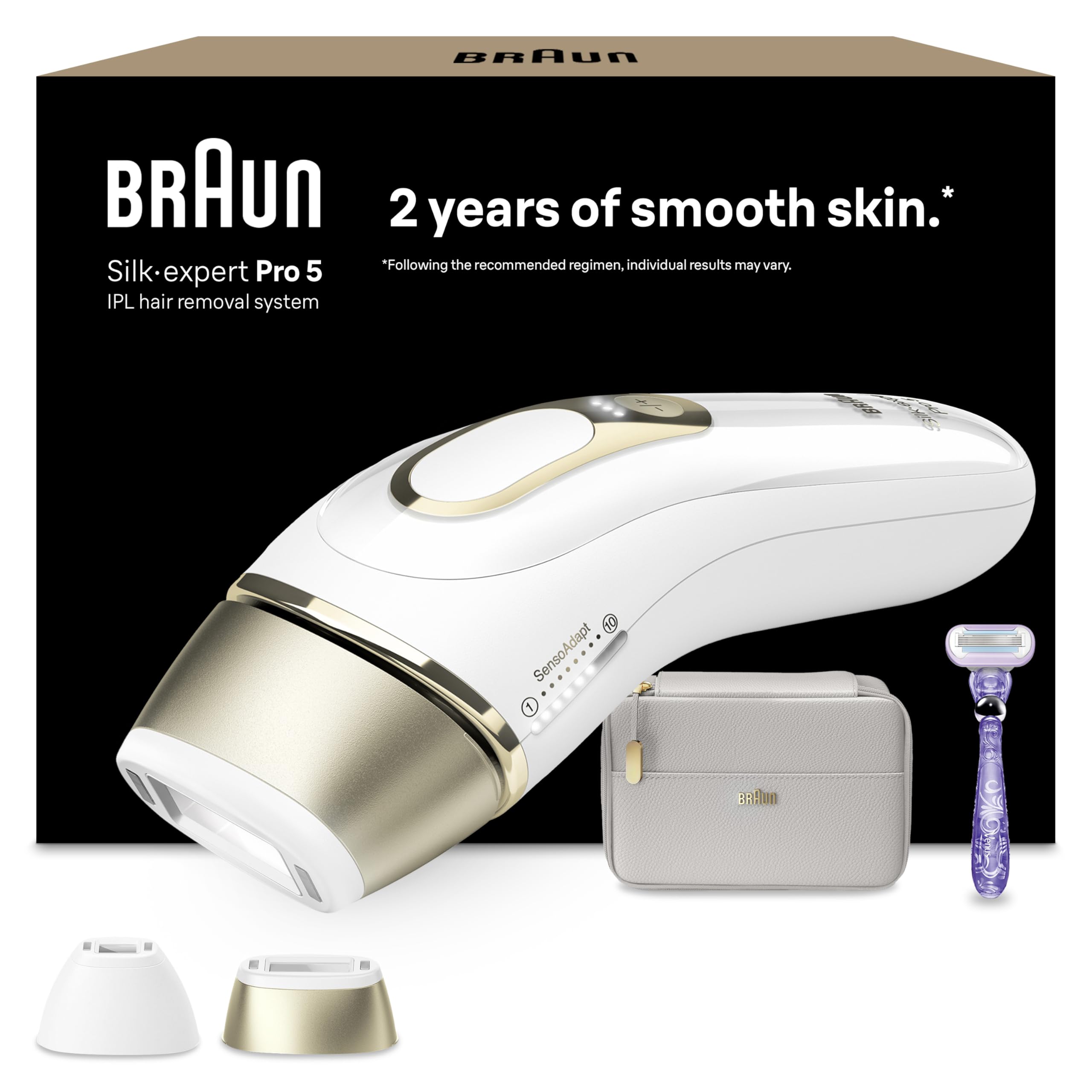 Braun IPL Silk-Expert Pro 5 PL5138 – At Home Hair Removal System – White/Gold – Precision Head, Venus Razor, Pouch - Damaged Box