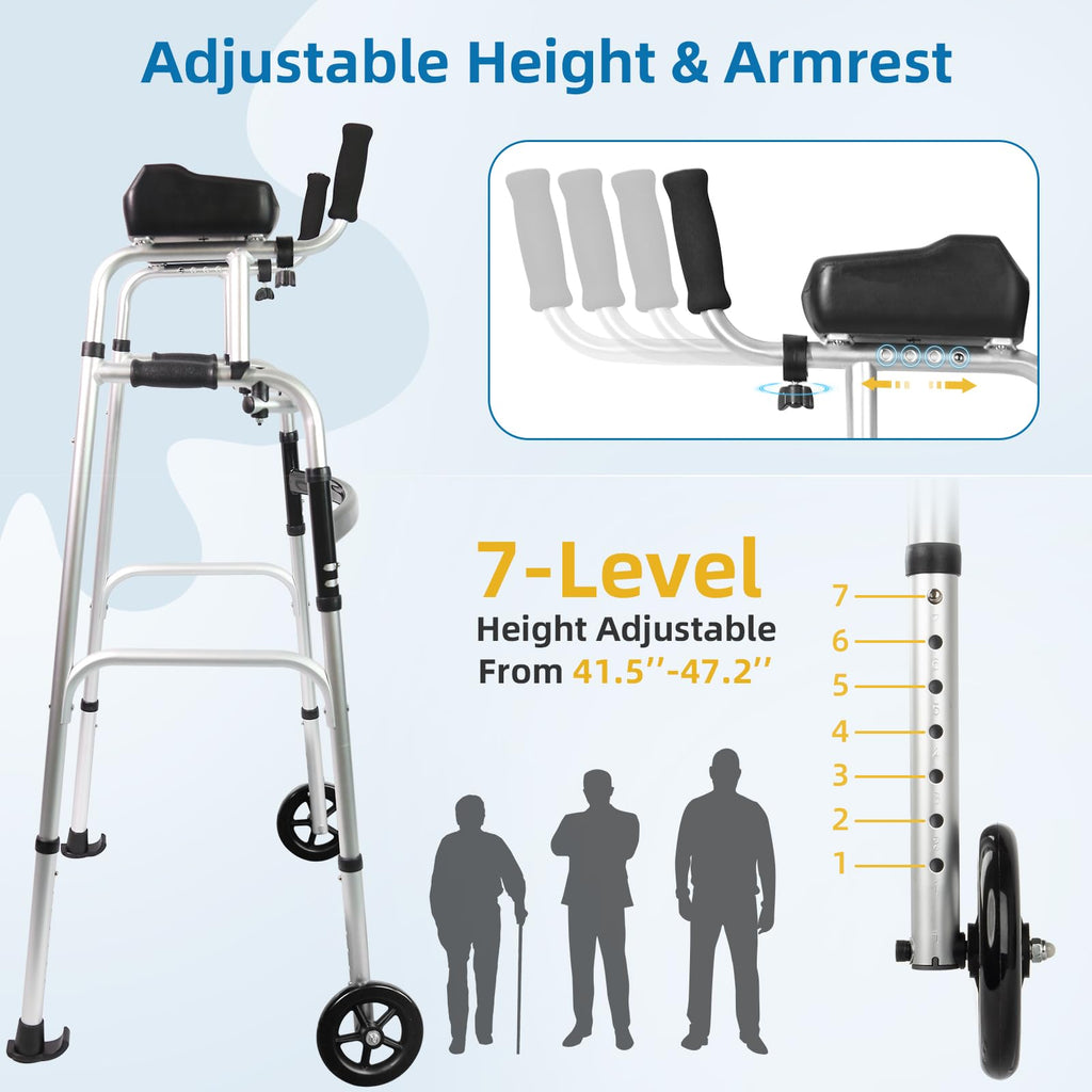 Upright Walker for Seniors - Foldable Lightweight Aluminum Mobility Aid with 6" Wheels, Arm Support & Storage Bag - Very Good