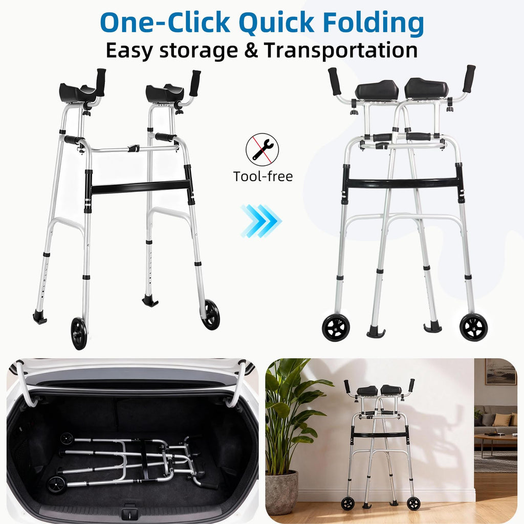 Upright Walker for Seniors - Foldable Lightweight Aluminum Mobility Aid with 6" Wheels, Arm Support & Storage Bag - Very Good