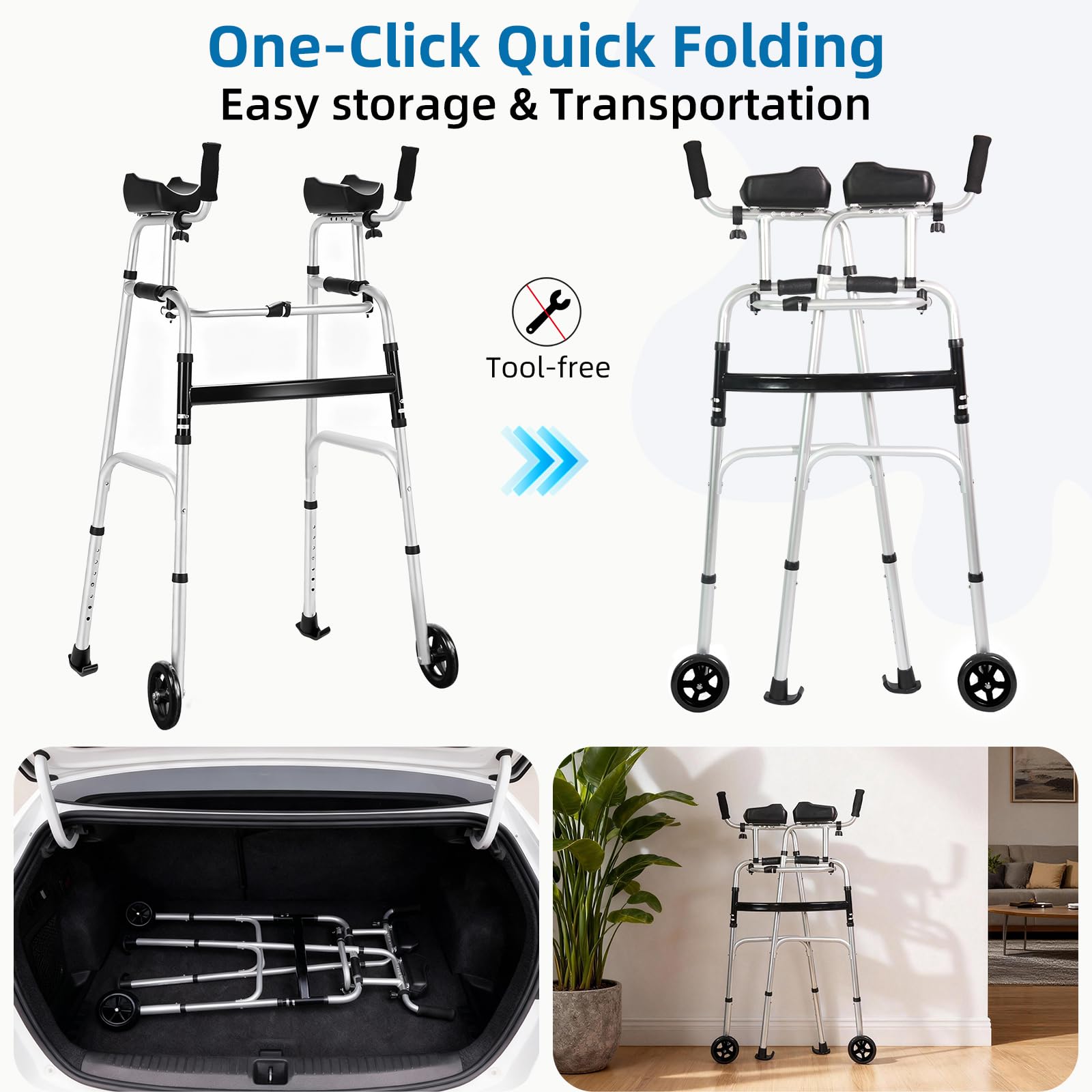 Upright Walker for Seniors - Foldable Lightweight Aluminum Mobility Aid with 6" Wheels, Arm Support & Storage Bag - Very Good