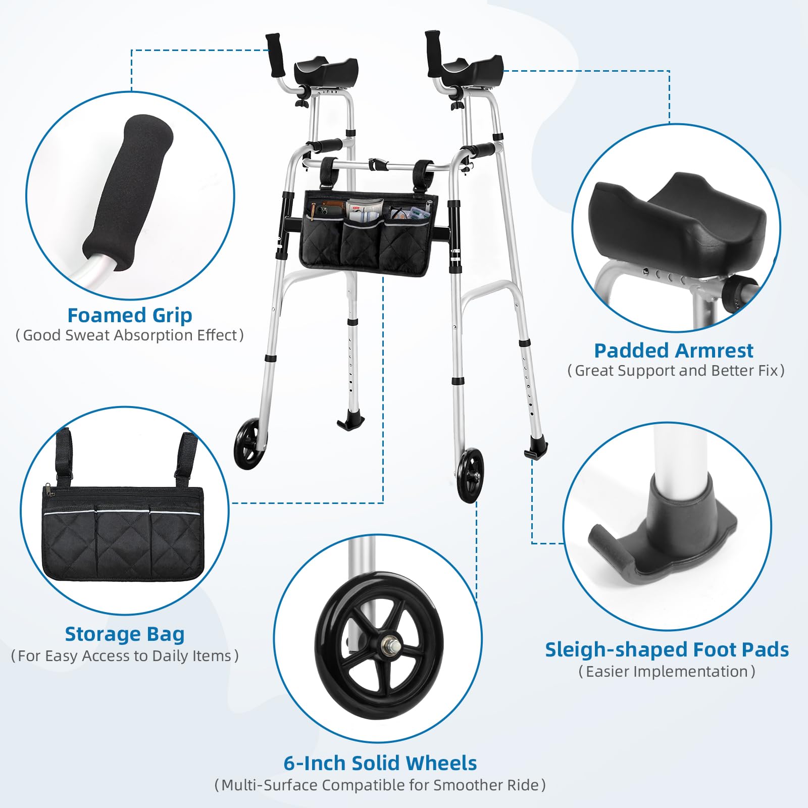 Upright Walker for Seniors - Foldable Lightweight Aluminum Mobility Aid with 6" Wheels, Arm Support & Storage Bag - Very Good
