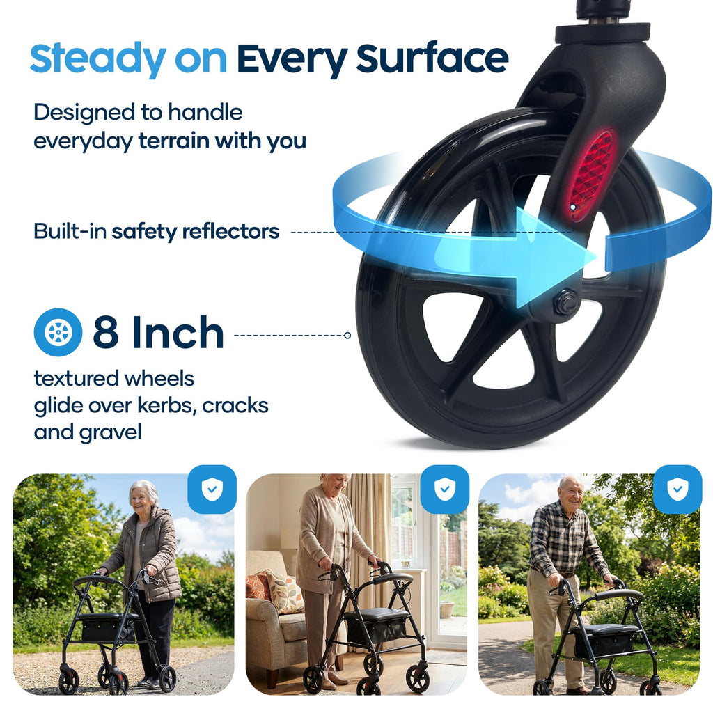 Eazy Fold Lightweight Rollator Walker - Aluminium Folding, 8 Inch Wheels, Adjustable Handles, Seat & Bag - Indoor Outdoor Mobility Aid - Very Good