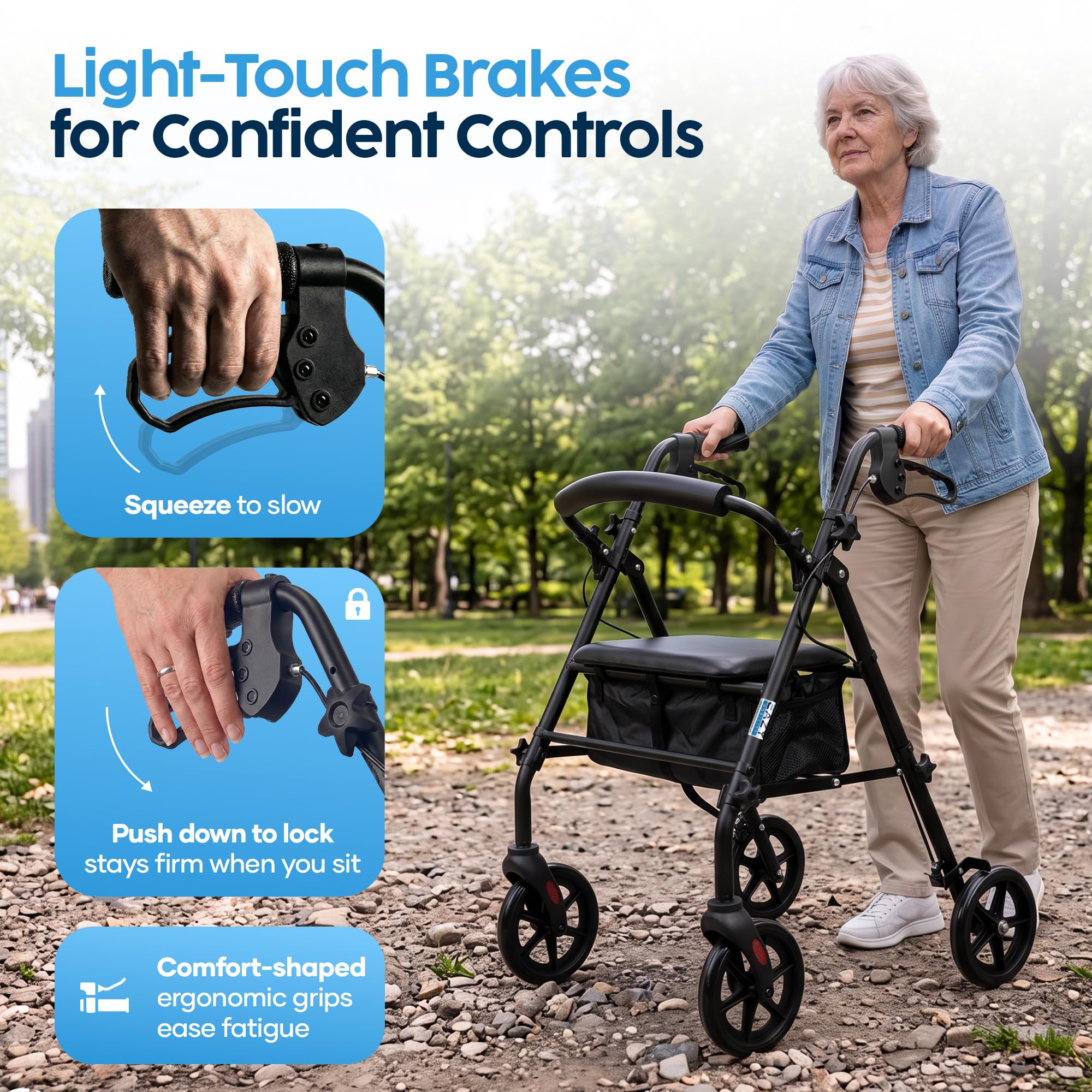 Eazy Fold Lightweight Rollator Walker - Aluminium Folding, 8 Inch Wheels, Adjustable Handles, Seat & Bag - Indoor Outdoor Mobility Aid - Very Good