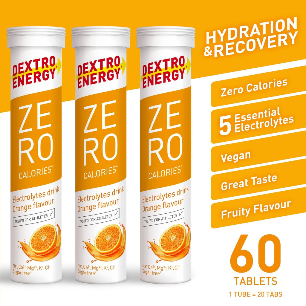 Dextro Energy Zero Calories Effervescent Tablets - Orange - Electrolyte Drink Recovery Hydration - 3 Tubes 60 Tablets - Damaged Box - BBE 08/2026
