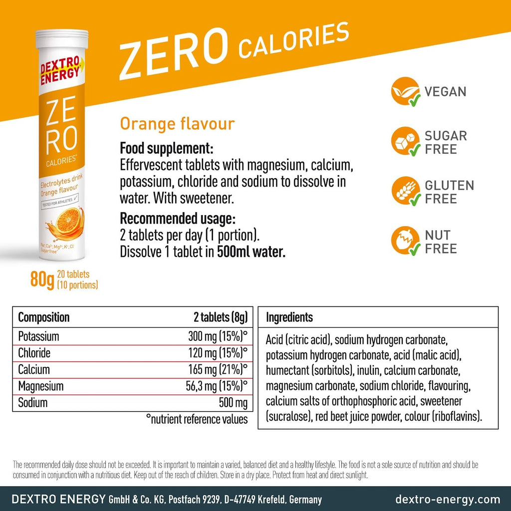 Dextro Energy Zero Calories Effervescent Tablets - Orange - Electrolyte Drink Recovery Hydration - 3 Tubes 60 Tablets - Damaged Box - BBE 08/2026
