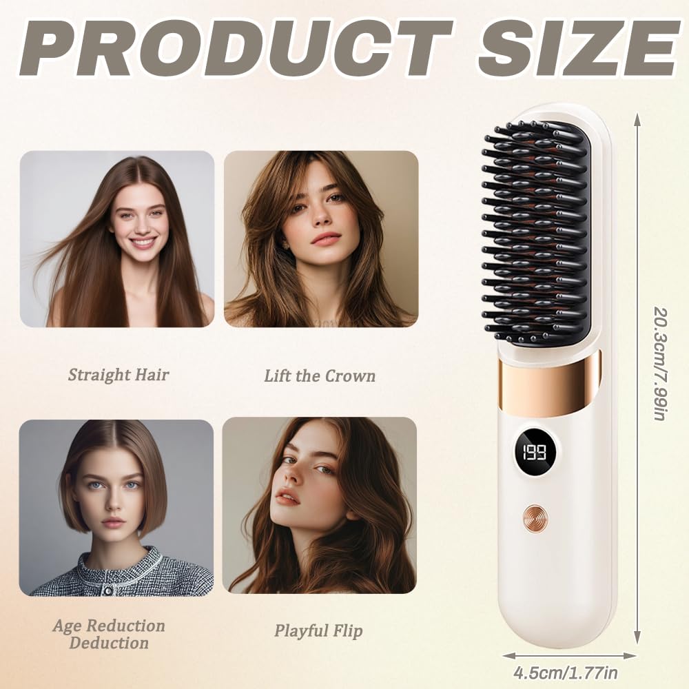 Glow Wave Heated Brush - Cordless Hair Straighteners for Short Hair, Portable, 4 Heat Settings, White, LED Display - Very Good