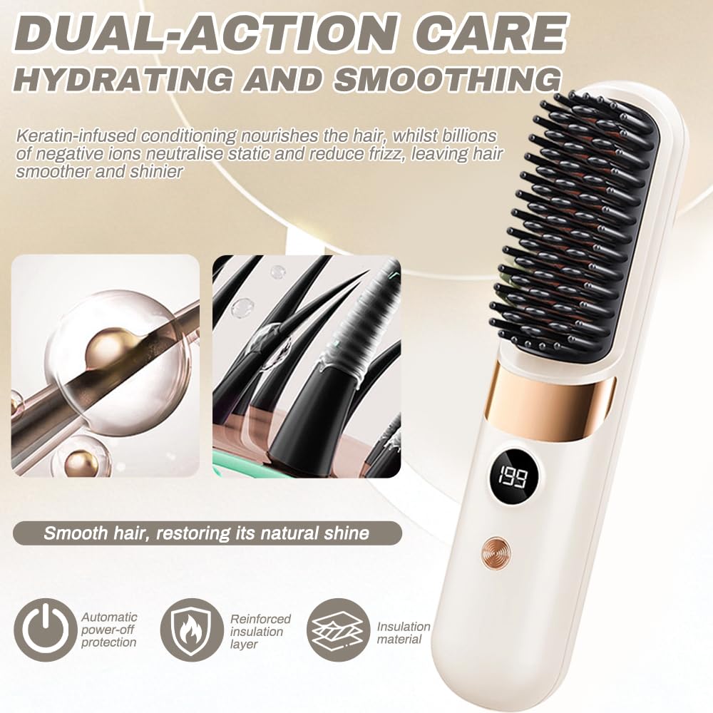 Glow Wave Heated Brush - Cordless Hair Straighteners for Short Hair, Portable, 4 Heat Settings, White, LED Display - Very Good
