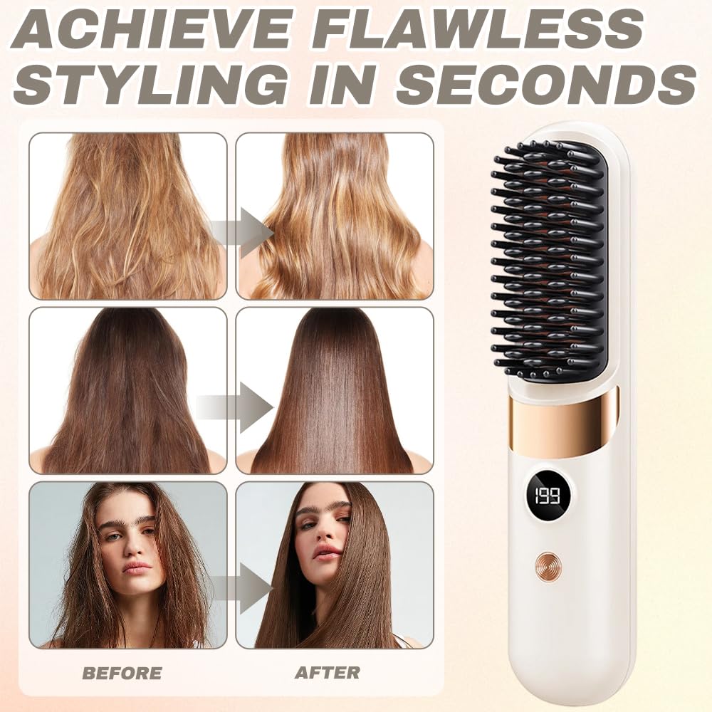 Glow Wave Heated Brush - Cordless Hair Straighteners for Short Hair, Portable, 4 Heat Settings, White, LED Display - Very Good