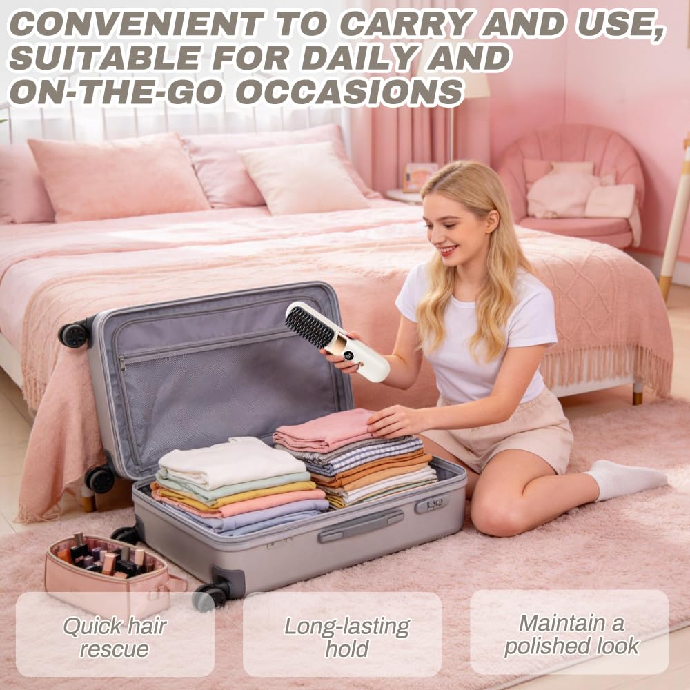 Glow Wave Heated Brush - Cordless Hair Straighteners for Short Hair, Portable, 4 Heat Settings, White, LED Display - Very Good