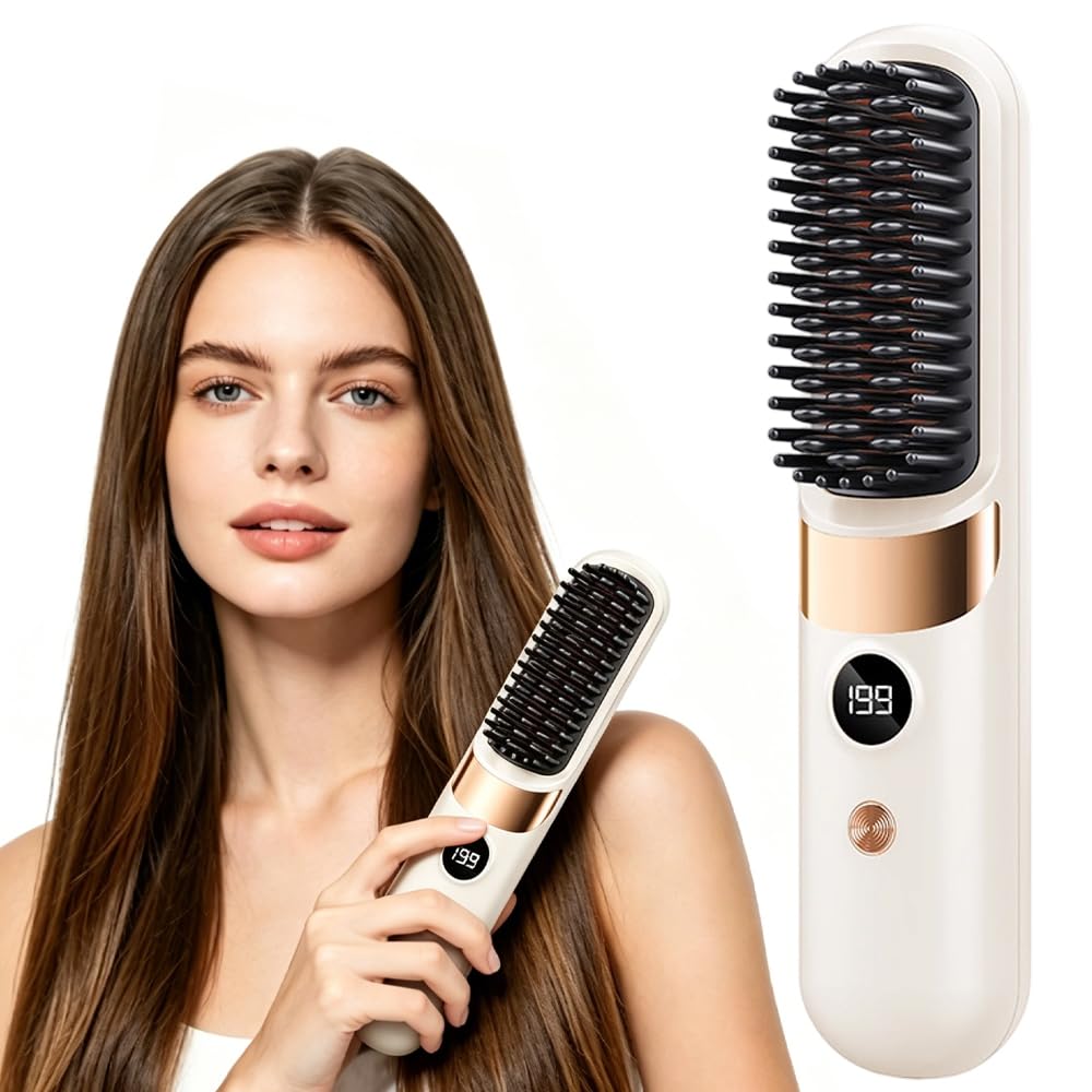 Glow Wave Heated Brush - Cordless Hair Straighteners for Short Hair, Portable, 4 Heat Settings, White, LED Display - Very Good