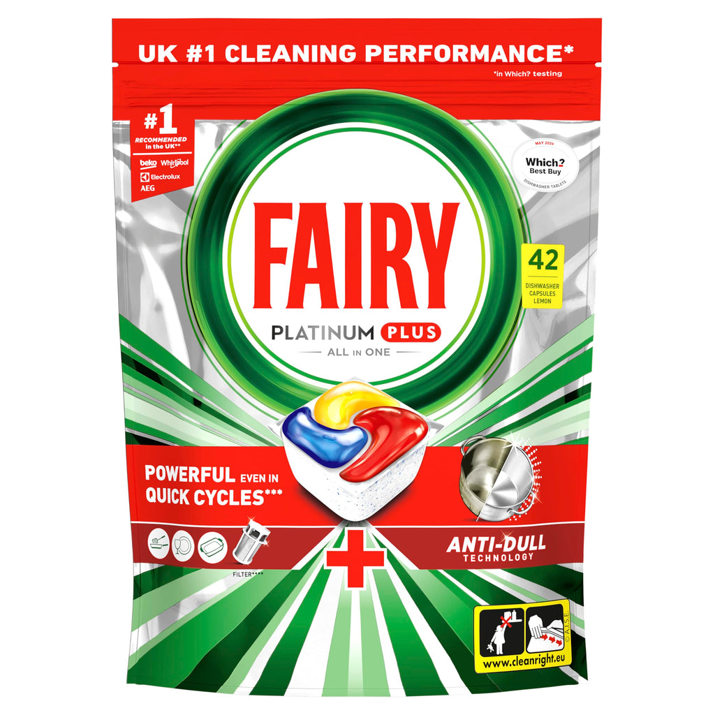 Fairy Platinum Plus Dishwasher Tablets - 42 Pack, Lemon, Anti-Dull Technology - Damaged Box
