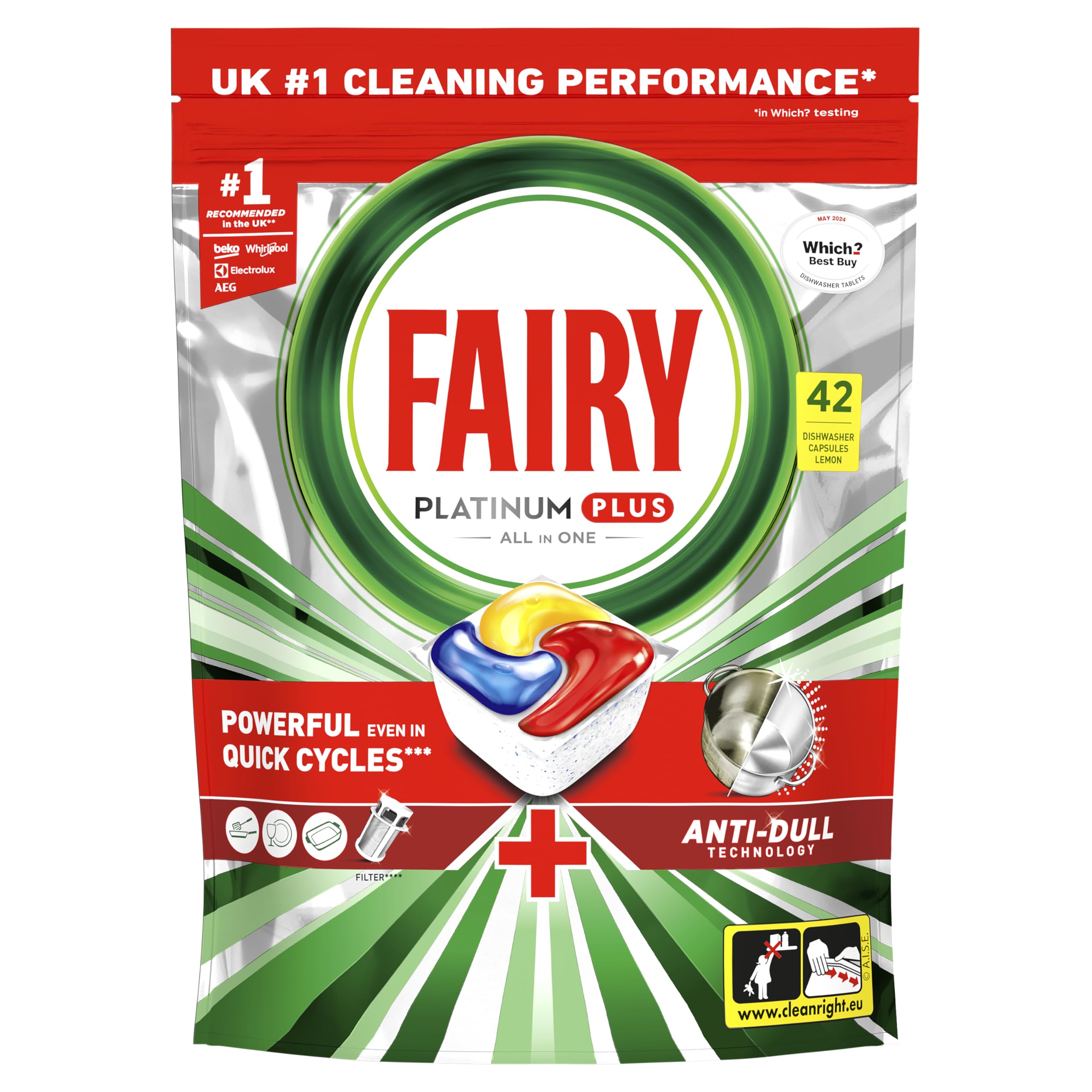 Fairy Platinum Plus Dishwasher Tablets - 42 Pack, Lemon, Anti-Dull Technology - Damaged Box
