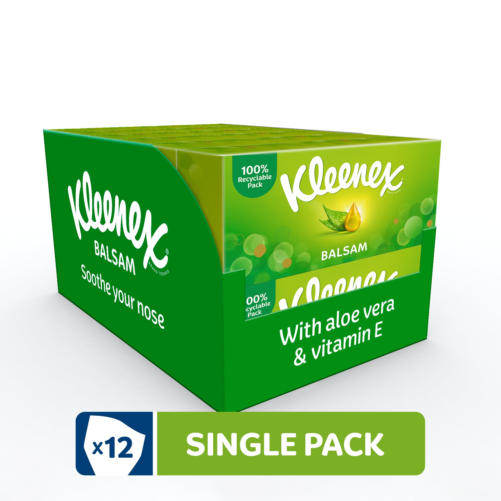 Kleenex Balsam Facial Tissues - 12 Pack Tissue Boxes - Balmcare with Aloe Vera, Vitamin E, Calendula - Soothing - Damaged Box