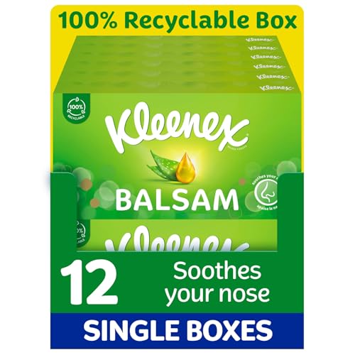 Kleenex Balsam Facial Tissues - 12 Pack Tissue Boxes - Balmcare with Aloe Vera, Vitamin E, Calendula - Soothing - Damaged Box