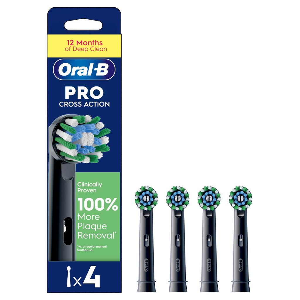 Oral-B Pro Cross Action Electric Toothbrush Head, Electric Toothbrush Heads, X-Shape and Angled Bristles for Deeper Plaque Removal, Pack of 4 Toothbrush Heads, Black, Replacement Heads - Damaged Box