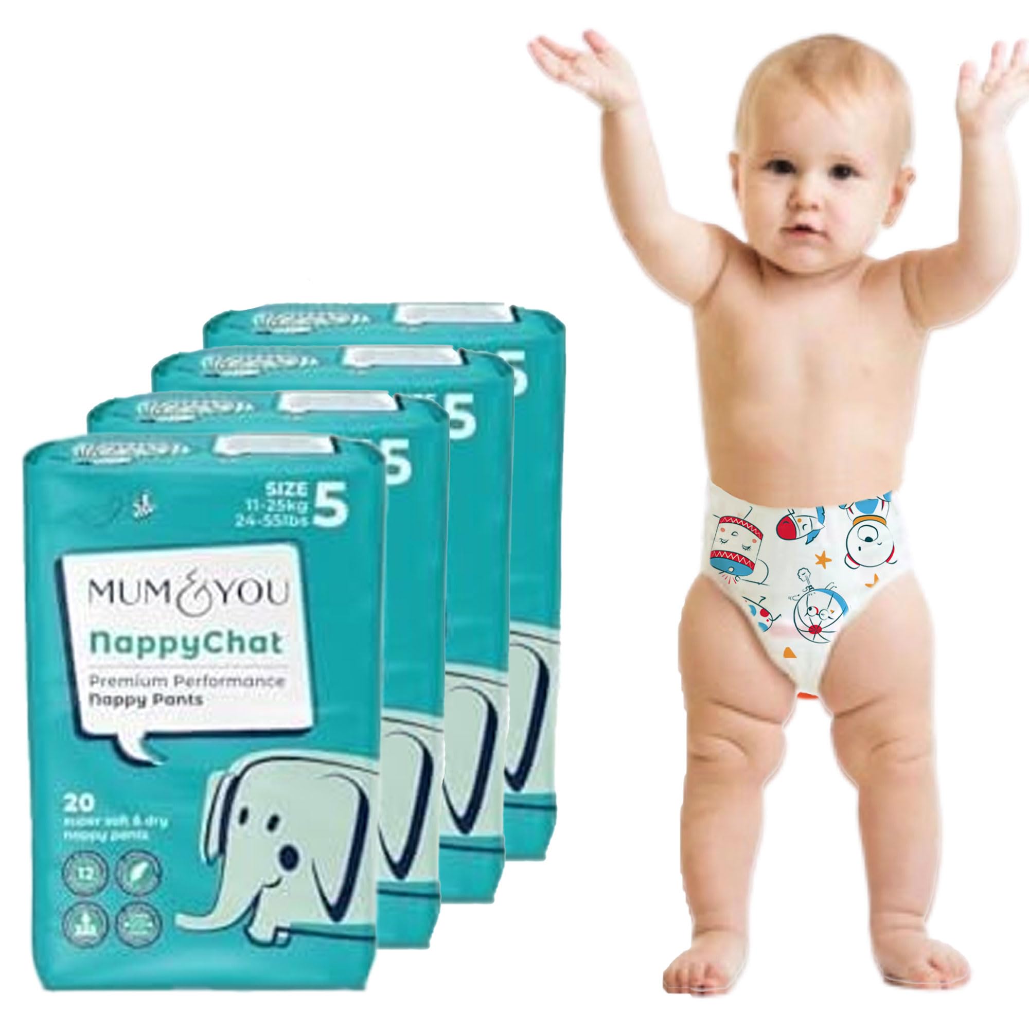 Mum & You Premium Dry Nappy Pants - Size 5 (11-25kg) - 80 Count - 12-Hr Leak Protection, Wetness Indicator, Rash Free - New