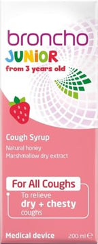 Bronchostop Junior Cough Syrup 200ml - Children's Non-Drowsy Medicine - Dry & Chesty Cough Relief - Alcohol-Free - 3-11 Years - Damaged Box - BBE 02/2027
