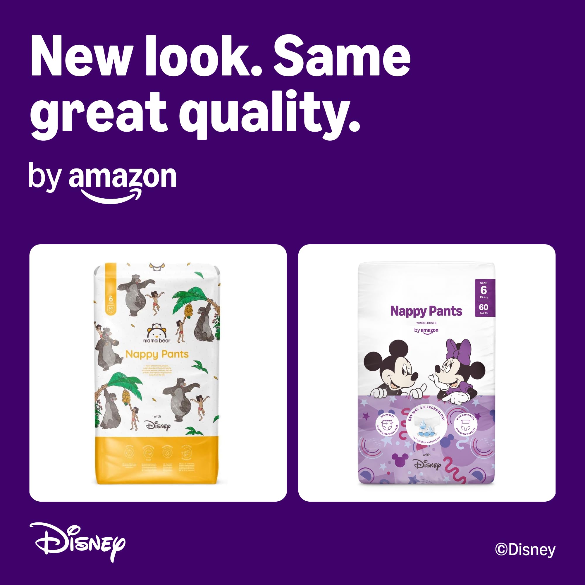 Amazon Disney Nappy Pants Size 6 (15+ kg) 60 Count - White Baby Toddler Disposable Diapers - New