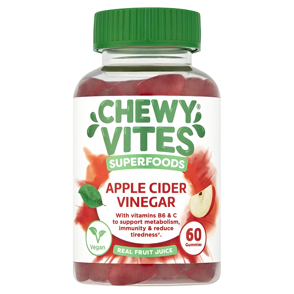 Chewy Vites Superfoods Apple Cider Vinegar Gummies, 60 Vitamin Gummies, 500 mg Apple Cider Vinegar, Vitamin C, Real Fruit Juice, 1 Month Supply, Vegan, Delicious Flavour - Very Good - BBE 09/2026