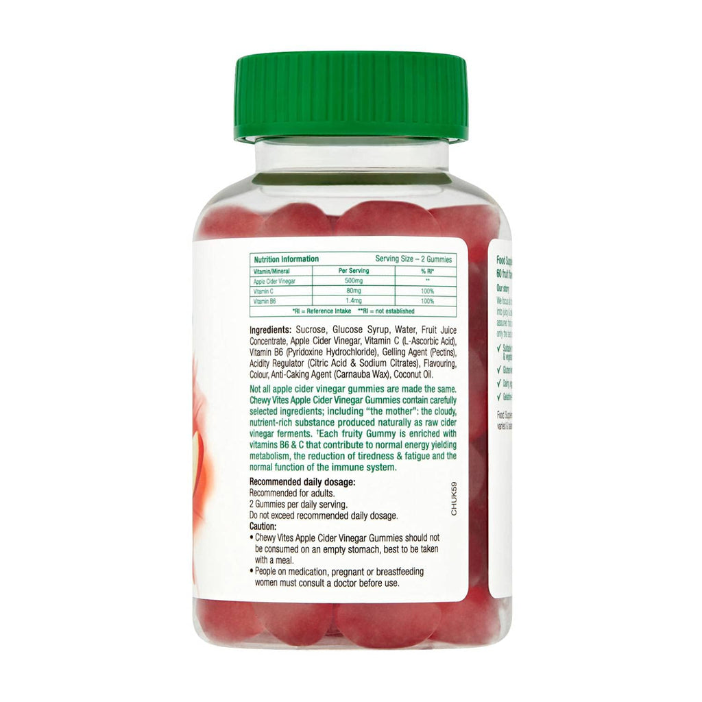 Chewy Vites Superfoods Apple Cider Vinegar Gummies, 60 Vitamin Gummies, 500 mg Apple Cider Vinegar, Vitamin C, Real Fruit Juice, 1 Month Supply, Vegan, Delicious Flavour - Very Good - BBE 09/2026