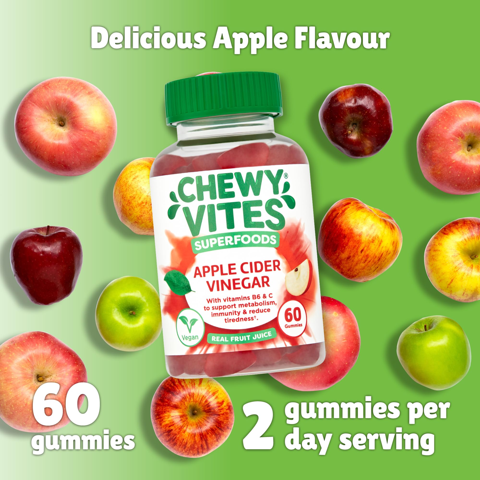 Chewy Vites Superfoods Apple Cider Vinegar Gummies, 60 Vitamin Gummies, 500 mg Apple Cider Vinegar, Vitamin C, Real Fruit Juice, 1 Month Supply, Vegan, Delicious Flavour - Very Good - BBE 09/2026