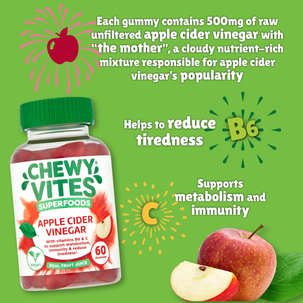 Chewy Vites Superfoods Apple Cider Vinegar Gummies, 60 Vitamin Gummies, 500 mg Apple Cider Vinegar, Vitamin C, Real Fruit Juice, 1 Month Supply, Vegan, Delicious Flavour - Very Good - BBE 09/2026
