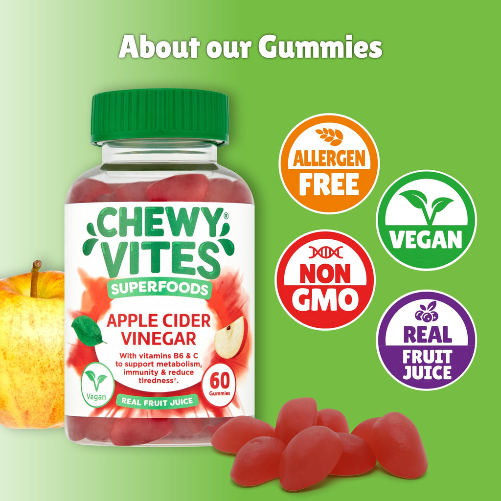 Chewy Vites Superfoods Apple Cider Vinegar Gummies, 60 Vitamin Gummies, 500 mg Apple Cider Vinegar, Vitamin C, Real Fruit Juice, 1 Month Supply, Vegan, Delicious Flavour - Very Good - BBE 09/2026