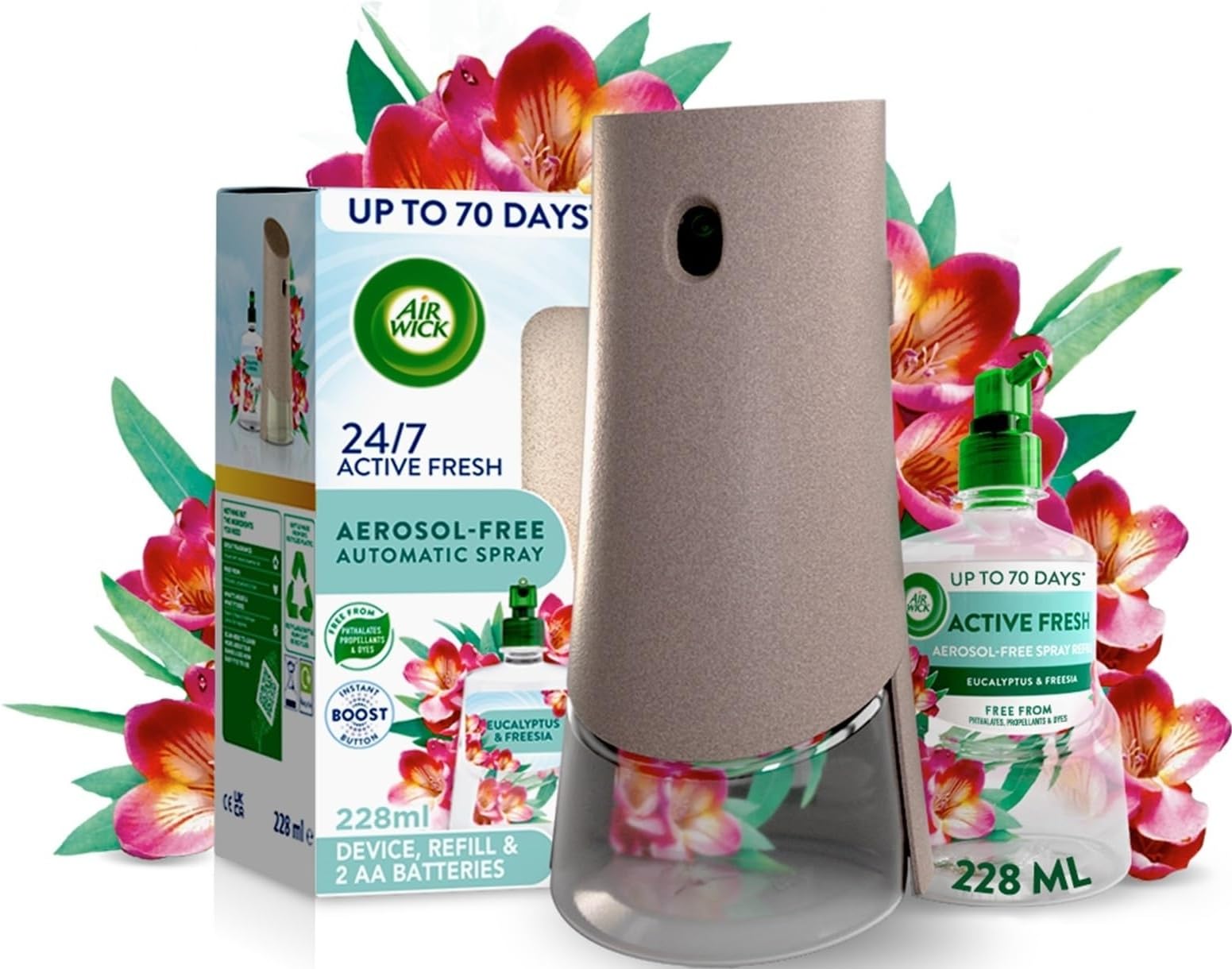 Air Wick Automatic Air Freshener Spray Kit - Eucalyptus & Freesia - 1 Gadget & 1 Refill 228ml - Odour Neutraliser Home Scent - Damaged Box
