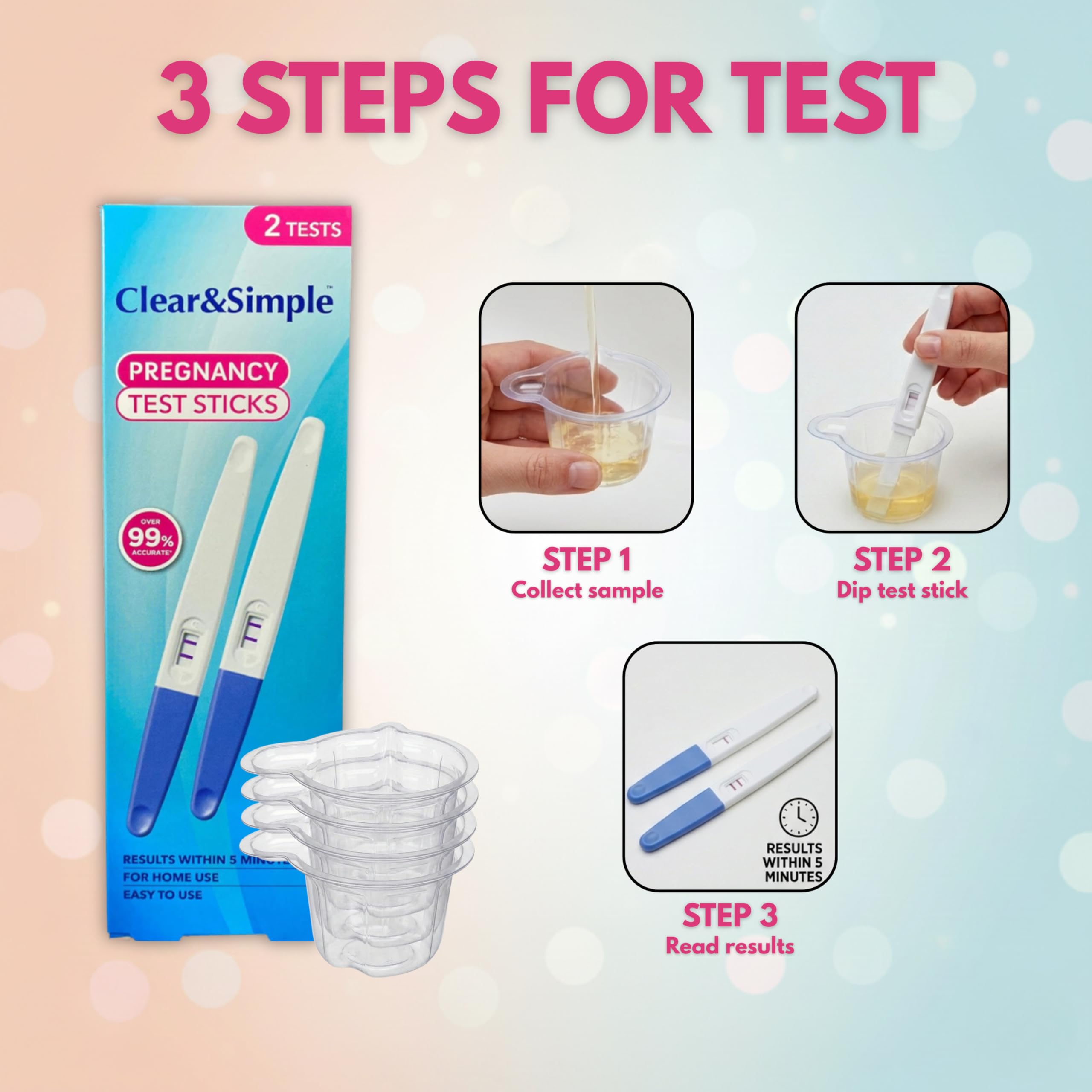 Clear & Simple Pregnancy Test 20 MIU Sensitivity Early Detection Pregnancy Test - 4 Pregnancy Tests Bundled with 4 Hygienic Urine Sample Pots - Damaged Box