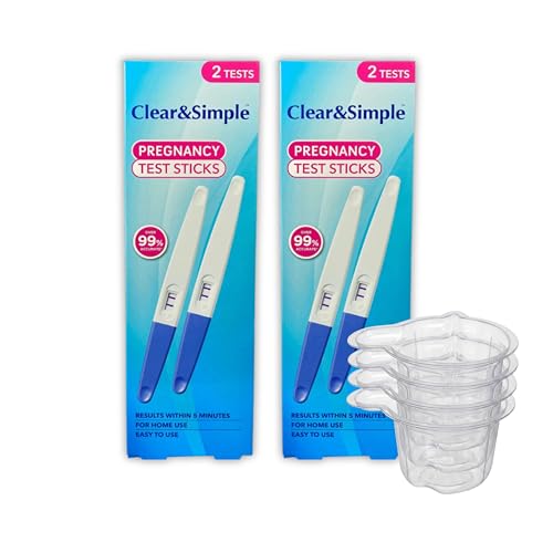 Clear & Simple Pregnancy Test 20 MIU Sensitivity Early Detection Pregnancy Test - 4 Pregnancy Tests Bundled with 4 Hygienic Urine Sample Pots - Damaged Box