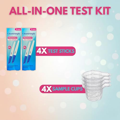 Clear & Simple Pregnancy Test 20 MIU Sensitivity Early Detection Pregnancy Test - 4 Pregnancy Tests Bundled with 4 Hygienic Urine Sample Pots - Damaged Box