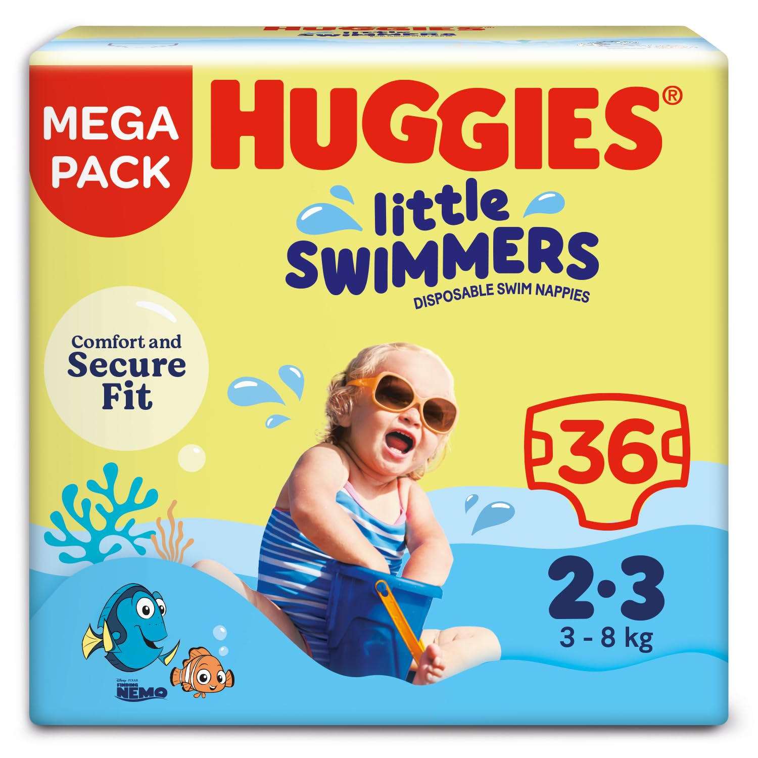 Huggies Little Swimmers Swim Nappies Size 2-3 (3-8kg) 36 Pants - Adjustable Tabbed Sides Frozen Design Baby Swimming Nappies - Damaged Box