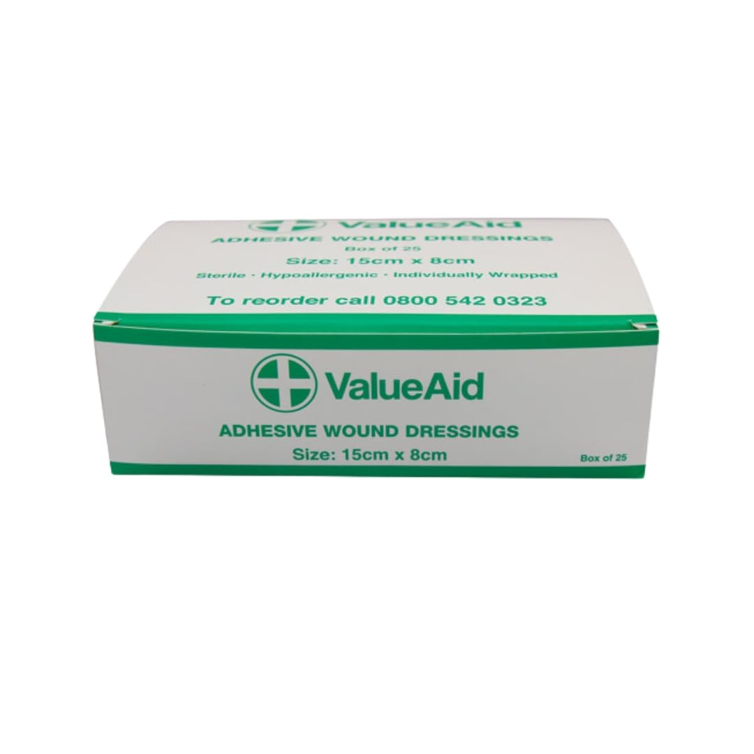 Value Aid Adhesive Wound Dressings - 15cm x 8cm - Sterile Medical Plasters - Box of 25 - Damaged Box