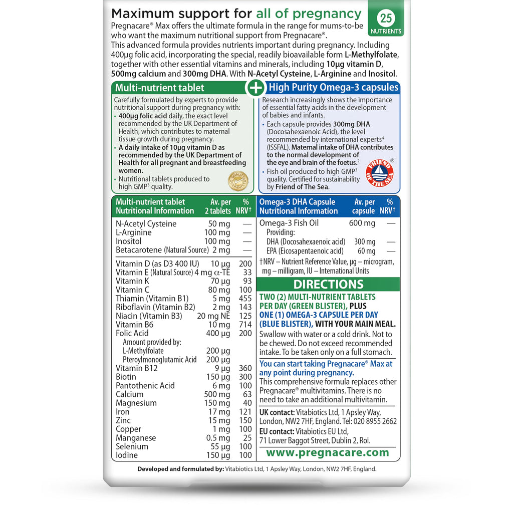 Pregnacare MAX Pregnancy Vitamins - UK's No.1 Pregnancy Brand. Greater Prenatal Care for Women, Supplement with Added Omega-3 DHA for Normal Brain and Eye Development - New - BBE 11/2027