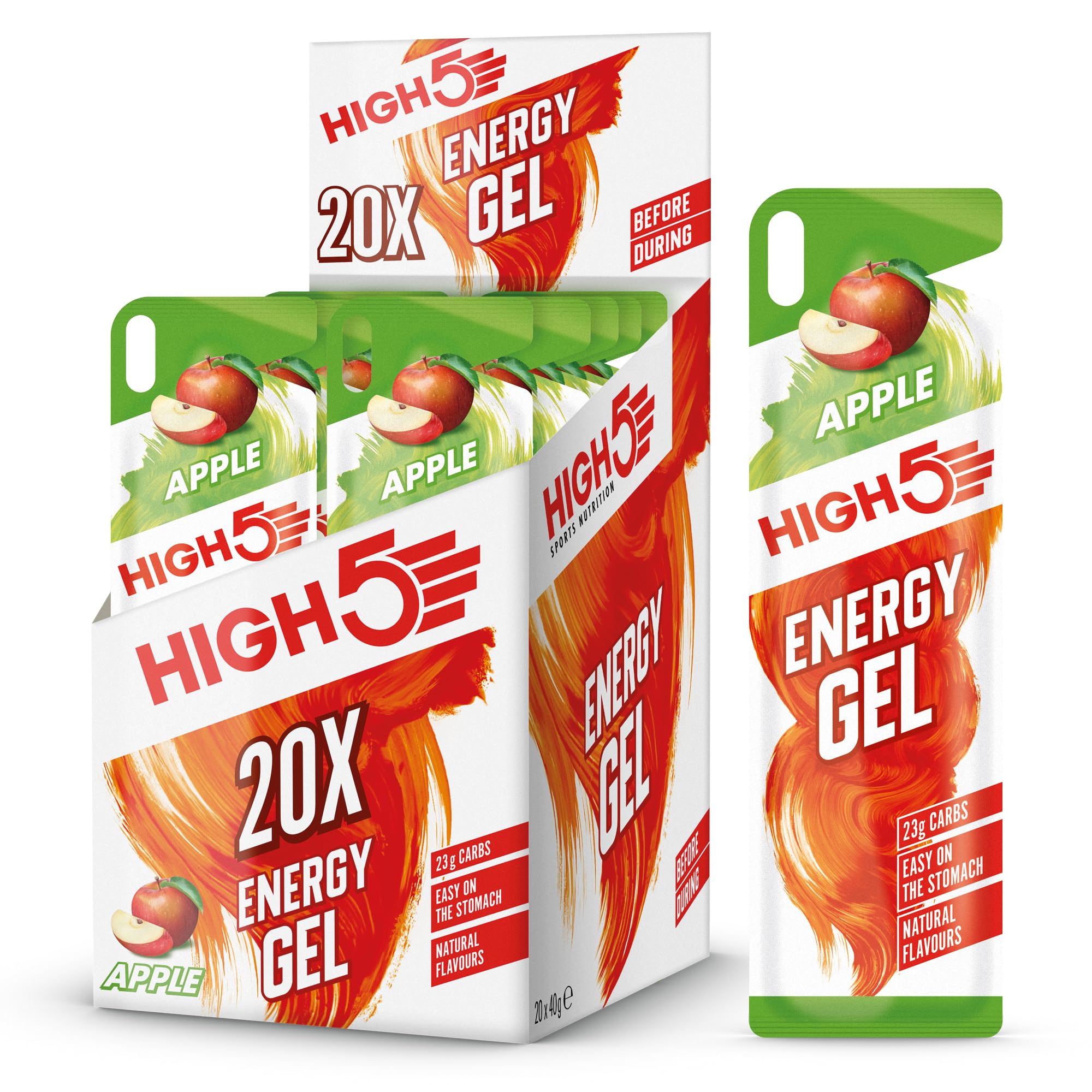 HIGH5 Energy Gels - Apple 20x 40g - Glucose Gel for Running Cycling Endurance - Natural Fruit Juice On-the-Go Fuel - Damaged Box - BBE 08/2026