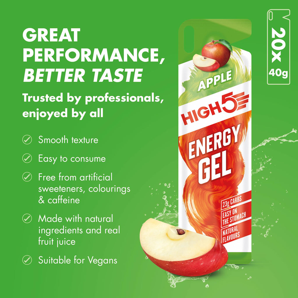 HIGH5 Energy Gels - Apple 20x 40g - Glucose Gel for Running Cycling Endurance - Natural Fruit Juice On-the-Go Fuel - Damaged Box - BBE 08/2026