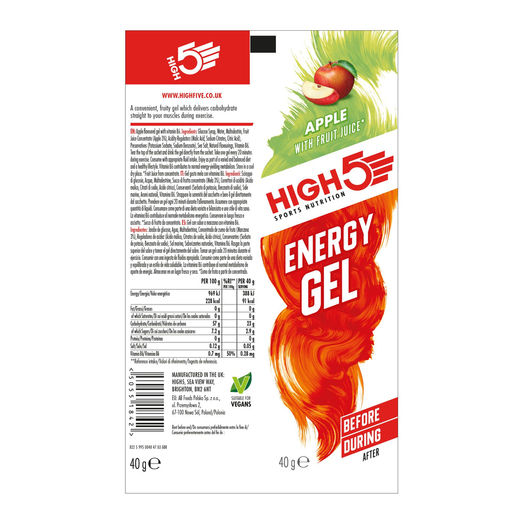 HIGH5 Energy Gels - Apple 20x 40g - Glucose Gel for Running Cycling Endurance - Natural Fruit Juice On-the-Go Fuel - Damaged Box - BBE 08/2026