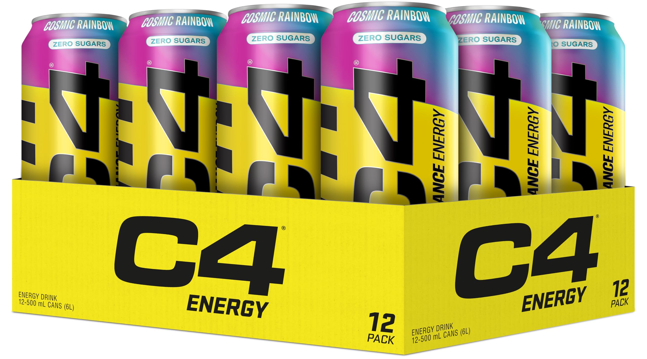 C4 Performance Energy Drink Cosmic Rainbow 500ml - 12 Pack - Sugar Free 160mg Caffeine Taurine Betaine - Low Calorie Fizzy Drink - Damaged Box - BBE 06/2027