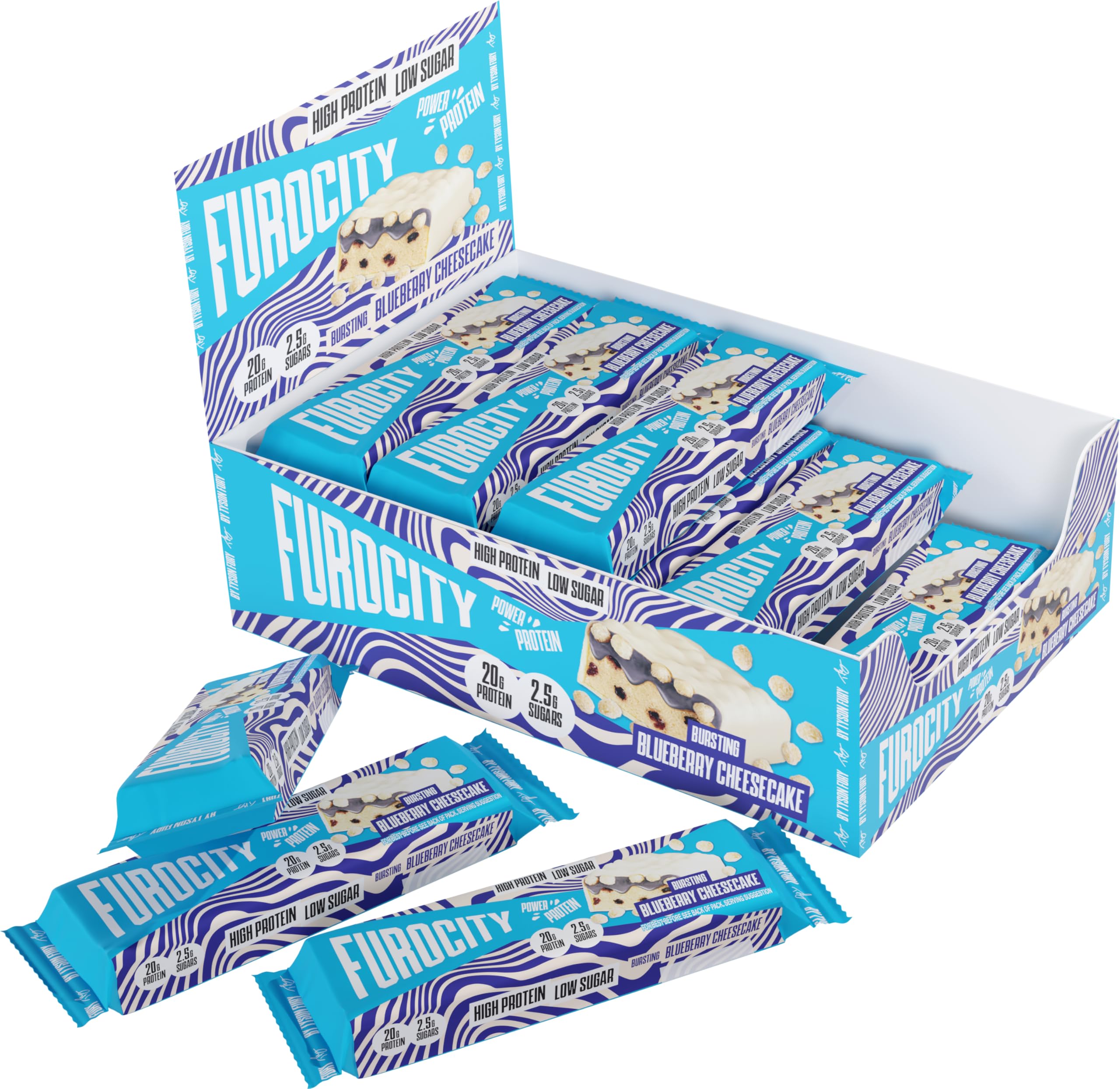 Furocity Protein Bars - Blueberry Cheesecake - 15 x 60g - High Protein 20g - Low Sugar Calorie Snack - Damaged Box - BBE 09/2026