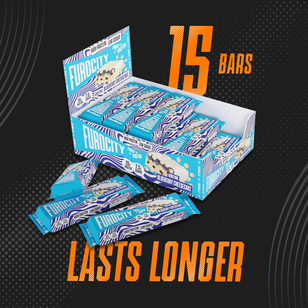 Furocity Protein Bars - Blueberry Cheesecake - 15 x 60g - High Protein 20g - Low Sugar Calorie Snack - Damaged Box - BBE 09/2026