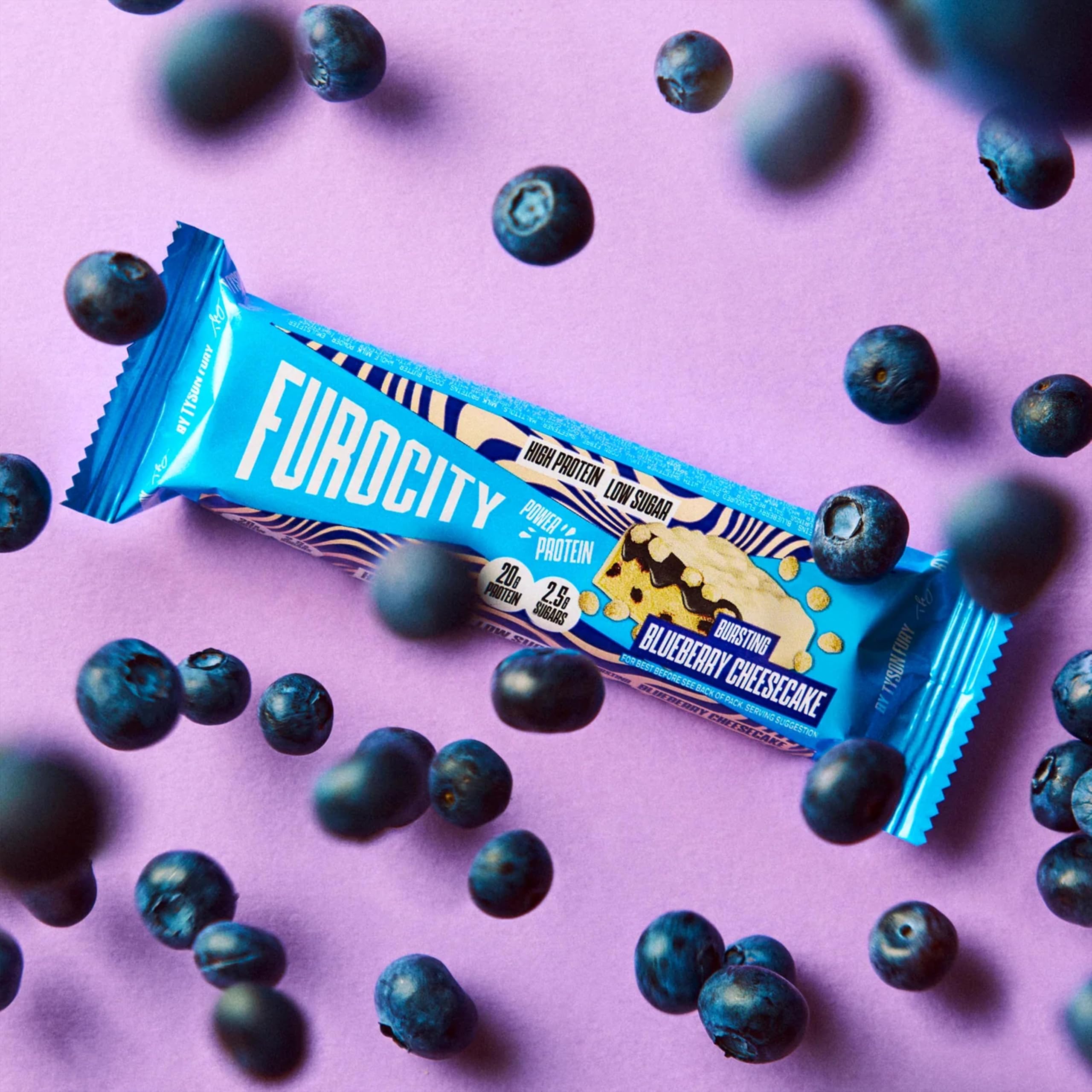 Furocity Protein Bars - Blueberry Cheesecake - 15 x 60g - High Protein 20g - Low Sugar Calorie Snack - Damaged Box - BBE 09/2026