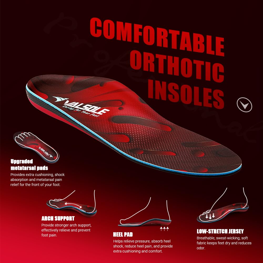 VALSOLE Orthotic Arch Support Insoles for Plantar Fasciitis Flat Feet Heel Pain - UK 12 Red Black - New