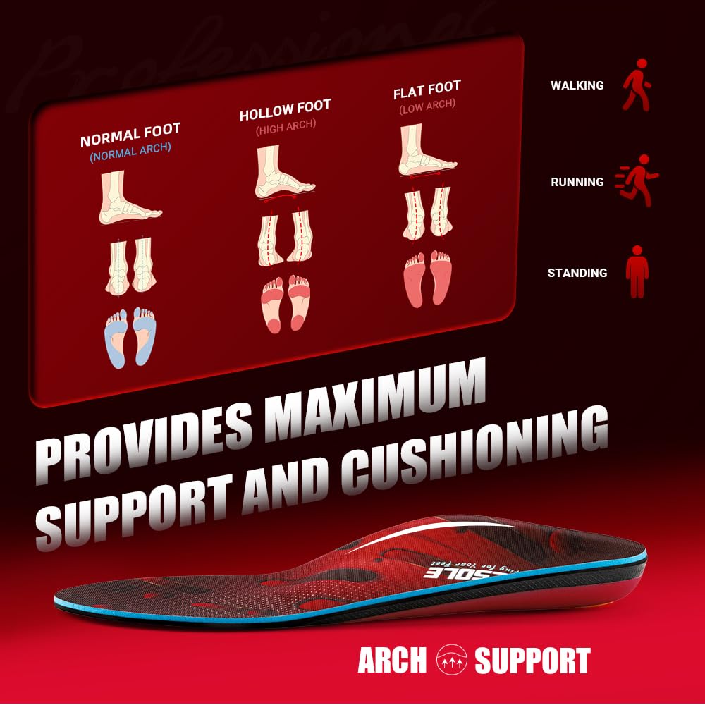 VALSOLE Orthotic Arch Support Insoles for Plantar Fasciitis Flat Feet Heel Pain - UK 12 Red Black - New