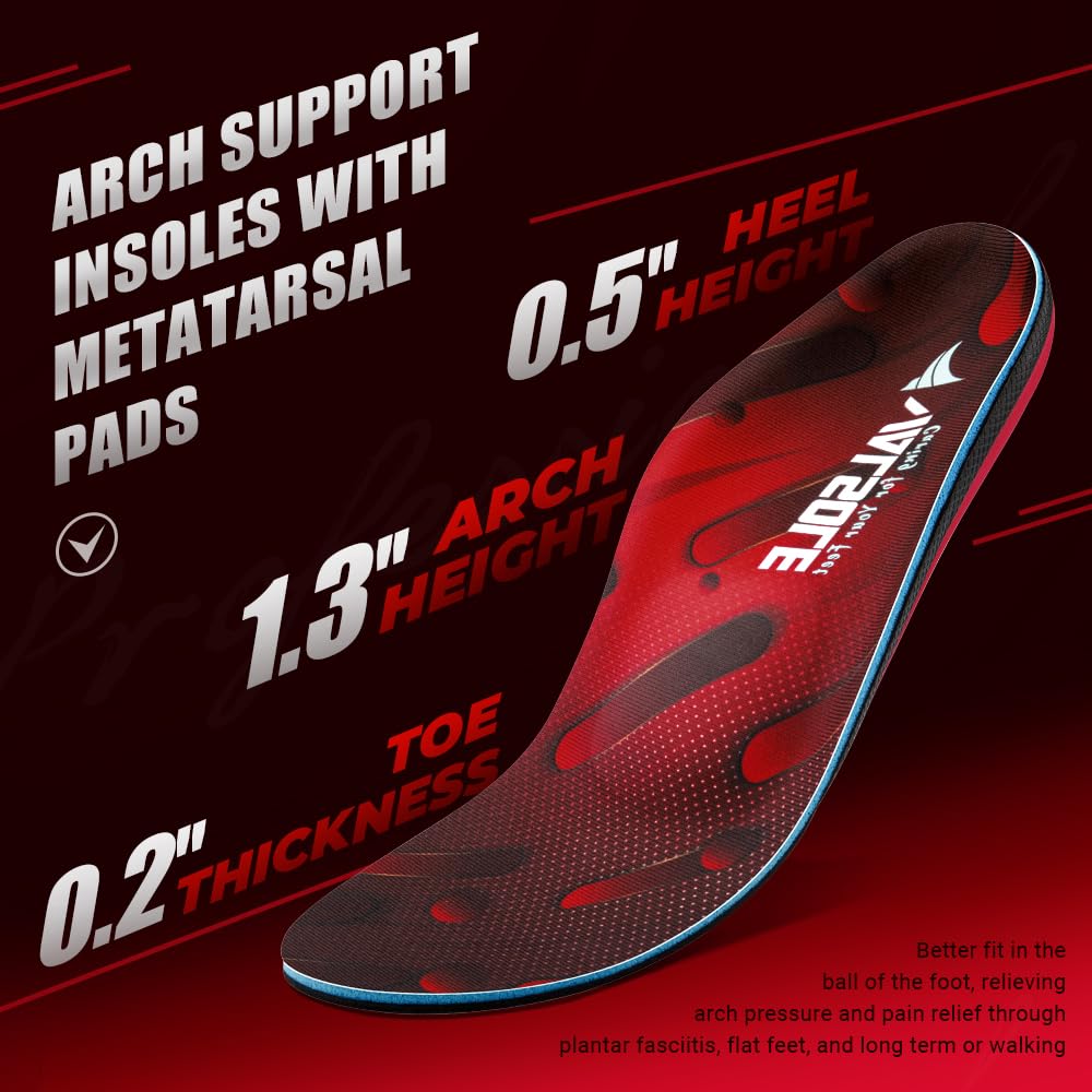 VALSOLE Orthotic Arch Support Insoles for Plantar Fasciitis Flat Feet Heel Pain - UK 12 Red Black - New