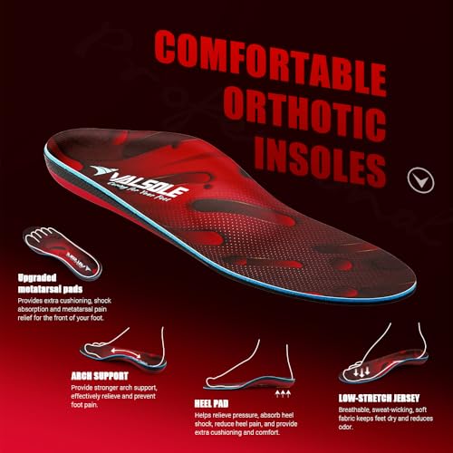 VALSOLE Orthotic Arch Support Insoles for Plantar Fasciitis Flat Feet Heel Pain - UK 12 Red Black - New